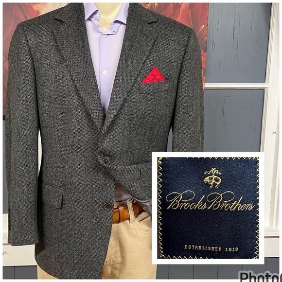 Brooks Brothers (Actual Size 41S Short) Knit Blazer Mens Wool Chevron Gray